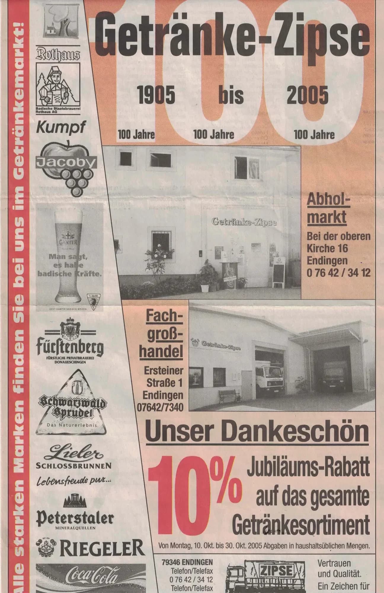 Ankündigung des 100-jährigen Jubiläums von Getränke Zipse mit Sonderangebot.