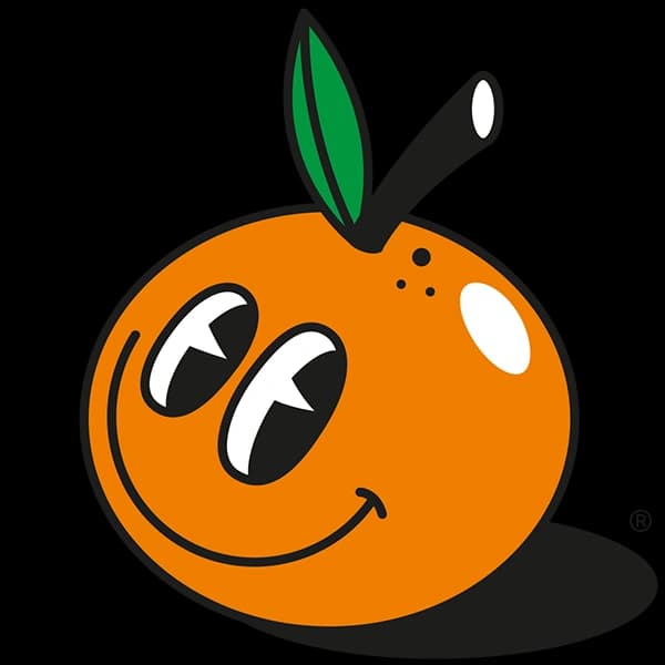 Orange mit lachendem Gesicht und großen, runden Augen, grünem Blatt oben.