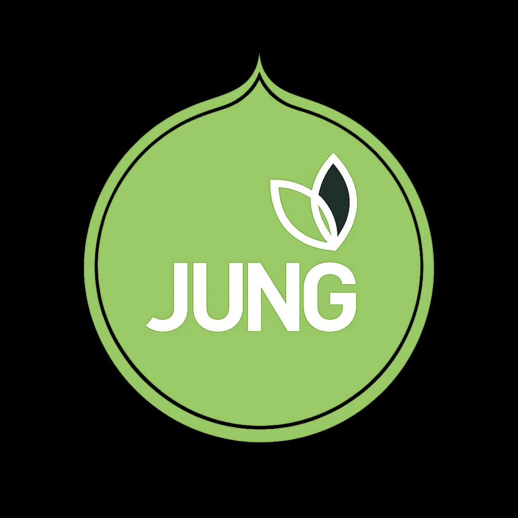 Logo mit dem Wort "JUNG" in Weiß auf grünem Hintergrund und einem Blatt.