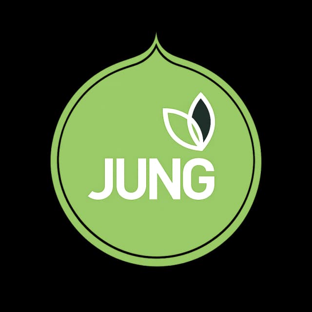 Logo mit dem Wort "JUNG" in Weiß auf grünem Hintergrund und einem Blatt.