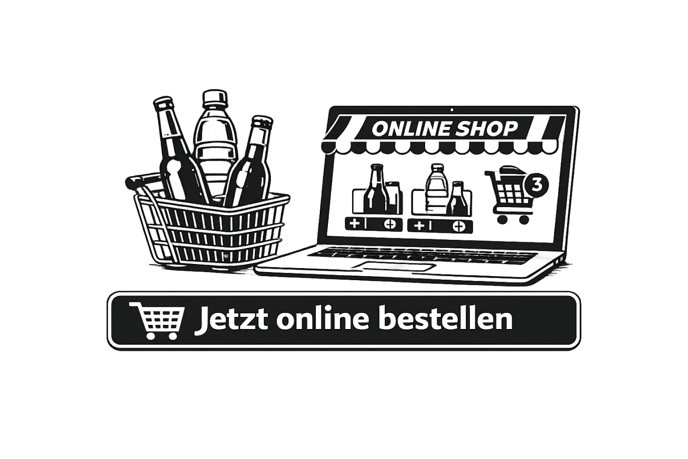 Einkaufswagen mit Getränken und Laptop für Online-Bestellungen.