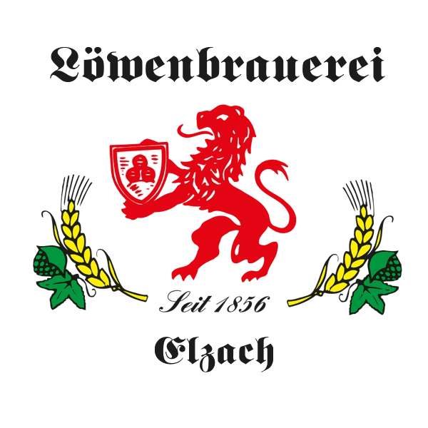 Wappen mit rotem Löwen, flankiert von Hopfen und Weizen – Schriftzug „Löwenbrauerei Elzach“.