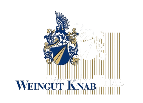 Blau-goldenes Wappen mit Greif und Schriftzug „Weingut Knab“.