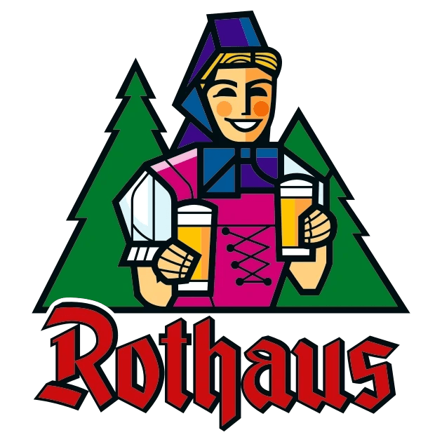 Rothaus-Logo mit „Biergit Kraft“ in Tracht zwischen zwei Tannen.