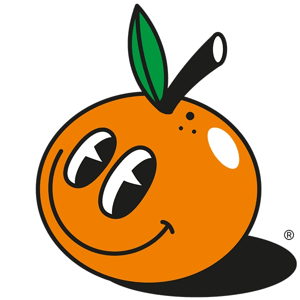 Lächelnde Orange mit grünem Blatt – Logo „I am special“.