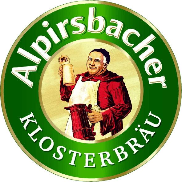 Grüne Plakette mit Mönch und Schriftzug „Alpirsbacher Klosterbräu“.